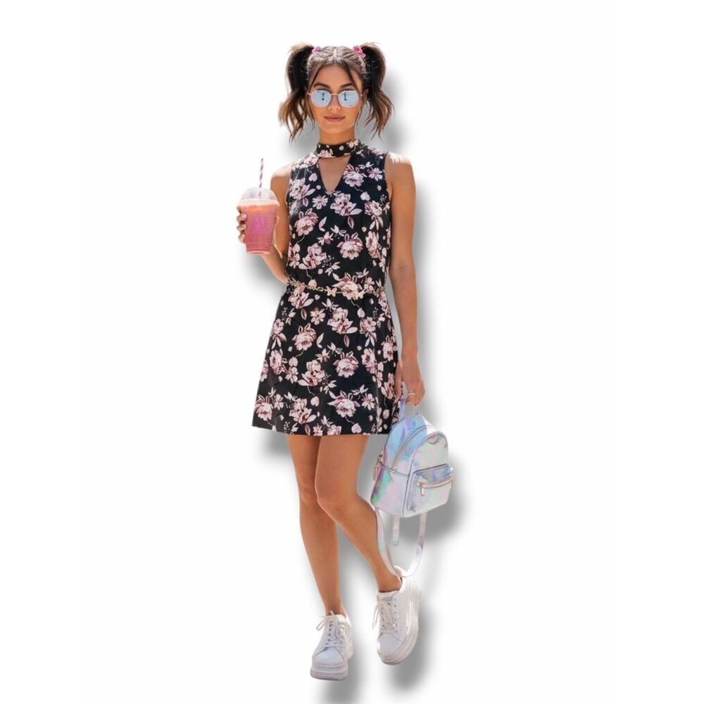 Black Floral Choker Keyhole Mini Sundress NWT